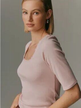 Anthropologie Lace Square neck Light Pink cotton ribbed Knit Top